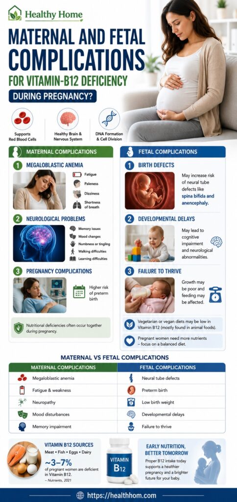 During pregnancy, few maternal and fetal complications due to lacking vitamin-B12