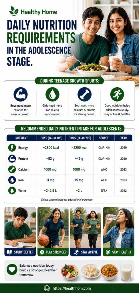 what is the daily requirement of nutrition for an adolescent