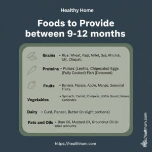Different foods to be initiated during the age group 9-12 months