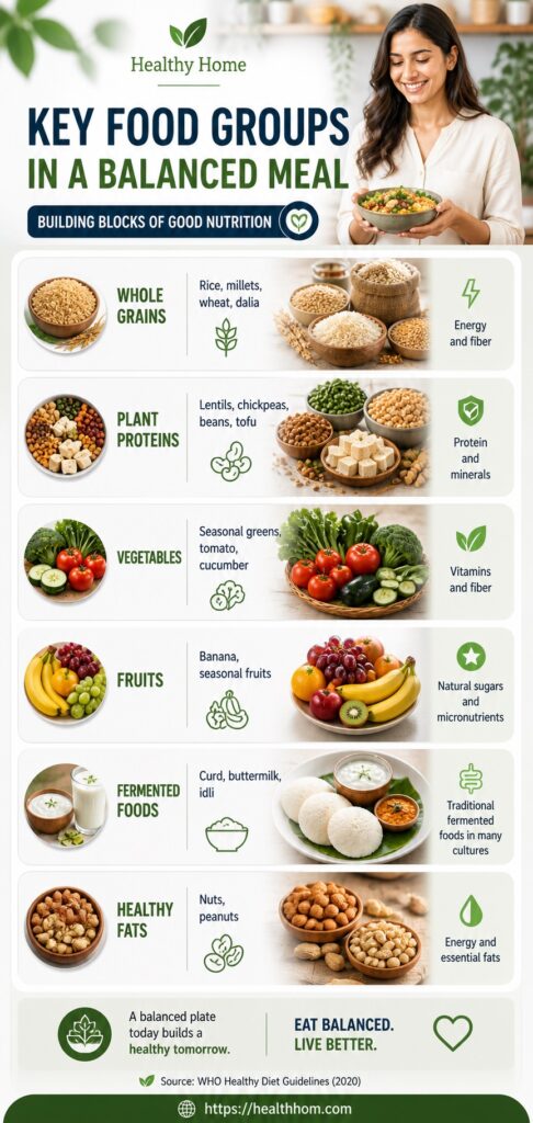 different important food groups in a balanced meal