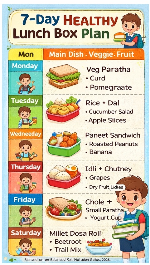 balanced kids lunch box with whole grains protein vegetables fruit and healthy snacks