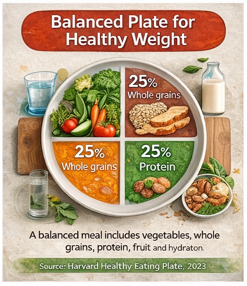 balanced plate method showing vegetables whole grains and protein for healthy eating