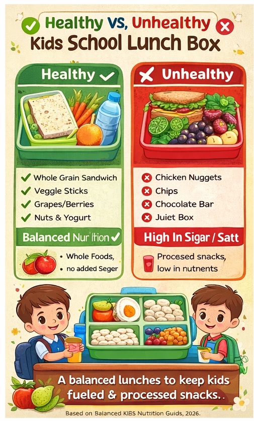 healthy vs unhealthy kids school lunch box comparison infographic