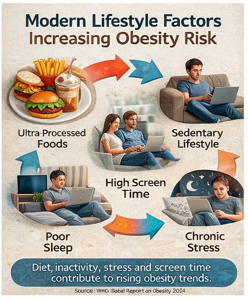 modern lifestyle factors contributing to obesity including sedentary behavior processed foods sleep and stress
