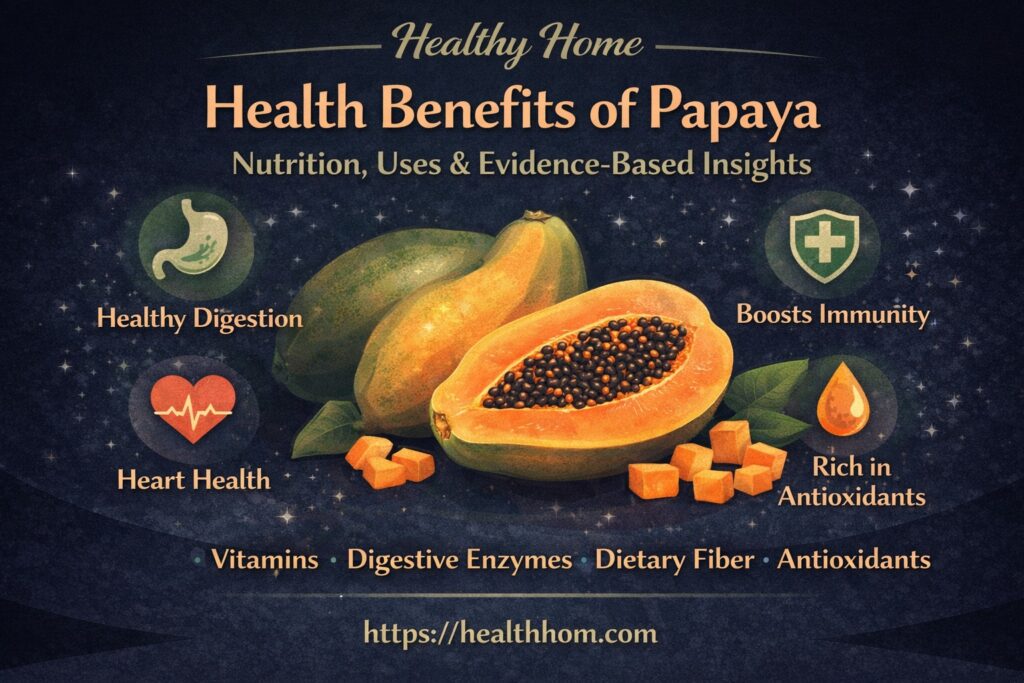 Health benefits of papaya showing ripe papaya slices and antioxidants