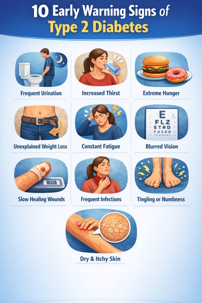 Early warning signs of type 2 diabetes infographic showing key symptoms and when to take action.