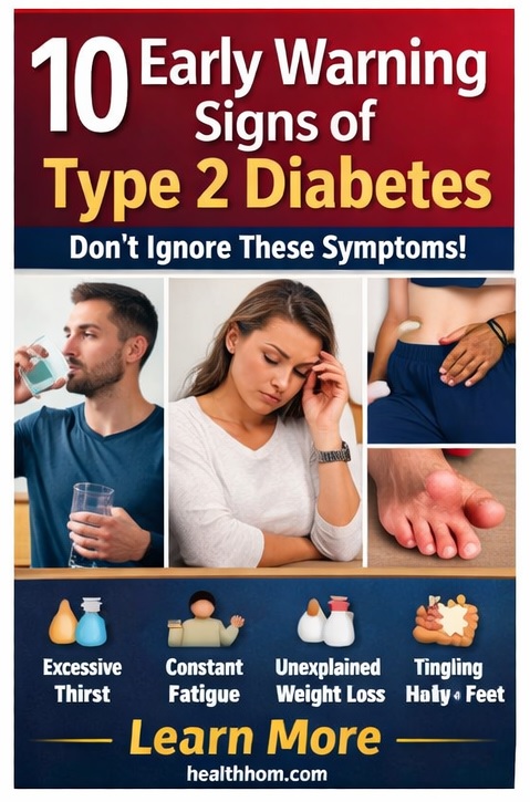 10 early warning signs of type 2 diabetes including thirst, fatigue, weight loss and tingling feet infographic