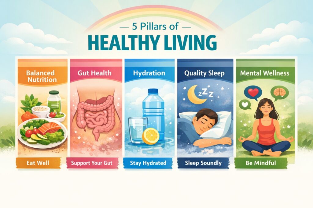 Healthy living pillars including nutrition, hydration, sleep, physical activity and mindfulness.
