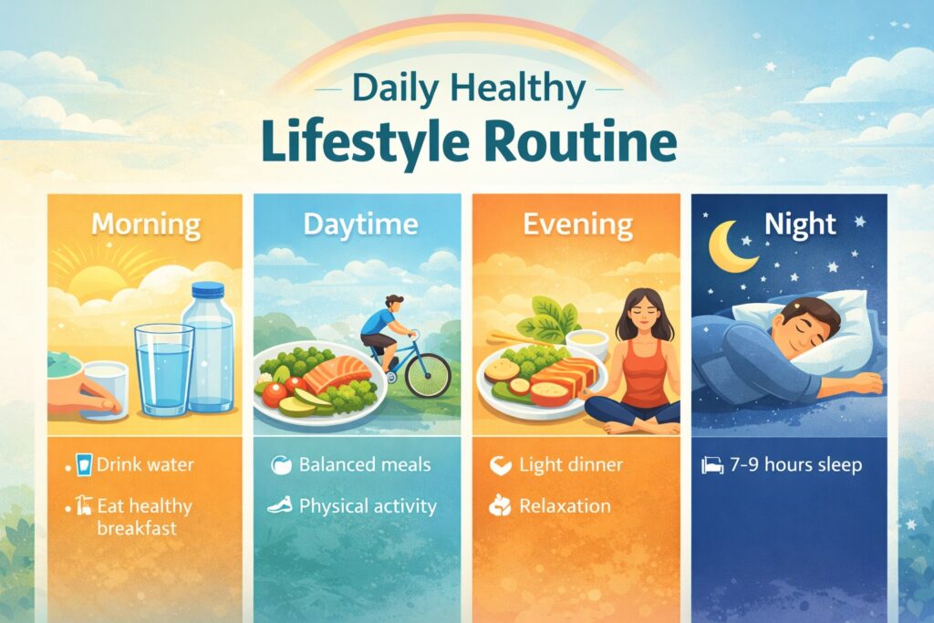 Daily healthy lifestyle routine showing nutrition, hydration, activity and sleep habits.