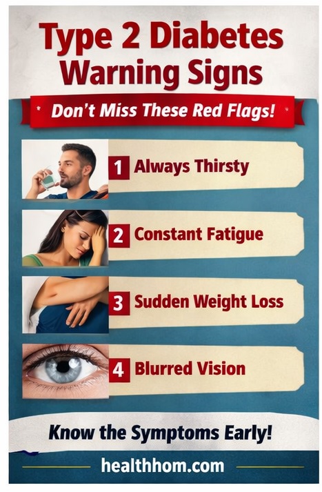 type 2 diabetes warning signs list including thirst fatigue weight loss and blurred vision visual guide