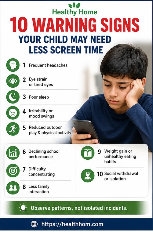 Common warning signs of excessive screen use in children including poor sleep, headaches, eye strain, irritability and reduced physical activity.