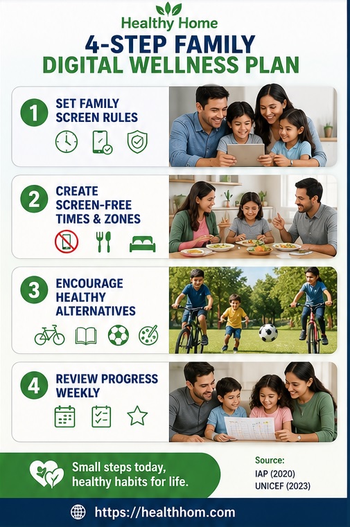 Family digital wellness plan showing screen rules, screen-free times, outdoor activities and weekly review strategies.