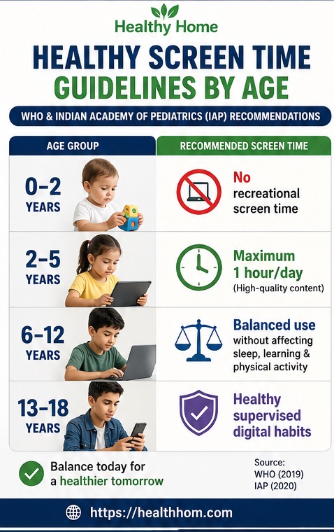 WHO and Indian Academy of Pediatrics screen time recommendations for children and adolescents by age group.