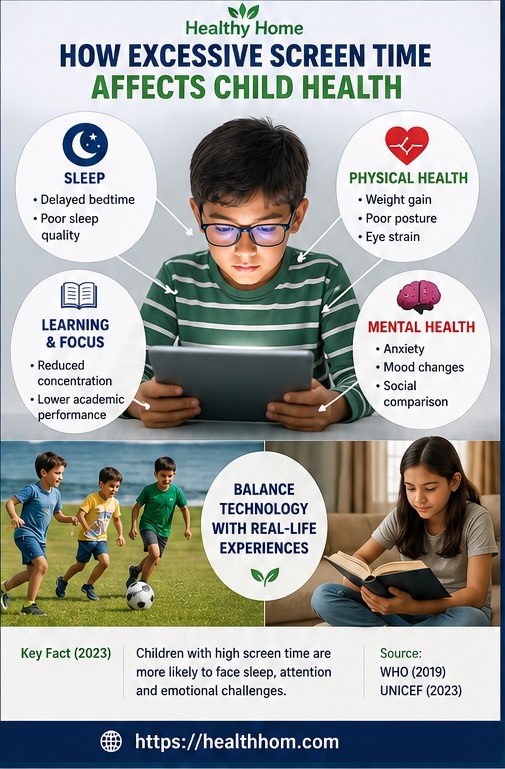 Health effects of excessive screen time on sleep, mental health, learning, posture, eye health and physical activity in children.