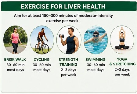 Infographic illustrating walking, cycling, swimming, strength training, and yoga for improving liver health.
