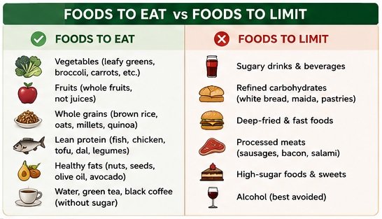 Comparison table showing healthy foods to eat and foods to limit for managing fatty liver disease.