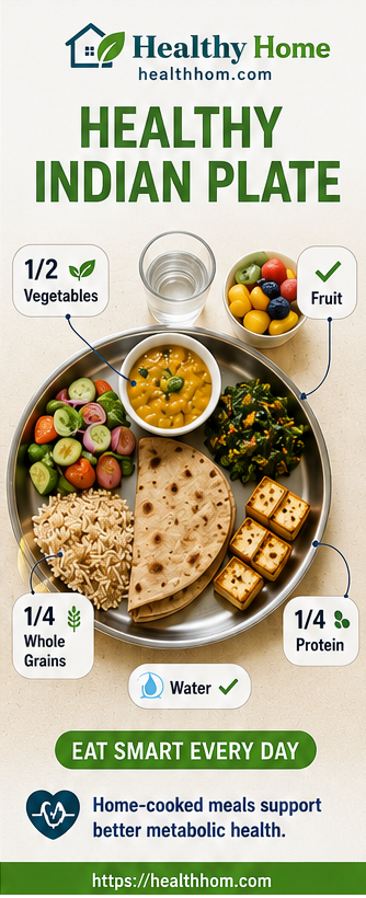 Healthy Indian plate infographic showing vegetables, whole grains, protein and fruits for metabolic syndrome management.
