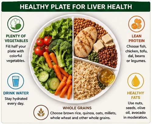 Healthy plate infographic showing vegetables, whole grains, lean protein, healthy fats, and water for liver health.
