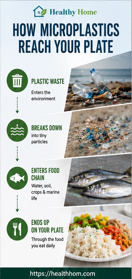 How microplastics travel from plastic waste to rivers, seafood, crops and finally reach the food we eat every day.