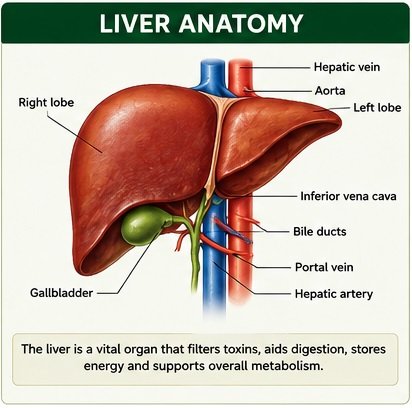 Human liver anatomy showing the right and left lobes, hepatic artery, portal vein, bile ducts, gallbladder, and major blood vessels.