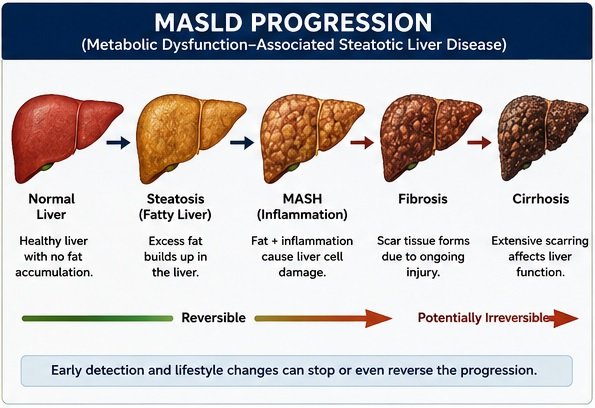 Flowchart showing the progression of MASLD from a healthy liver to steatosis, MASH, fibrosis, and cirrhosis.