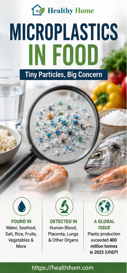 Microplastics in food infographic showing seafood, rice, fruits, vegetables, and magnified plastic particles with key global facts and health conce