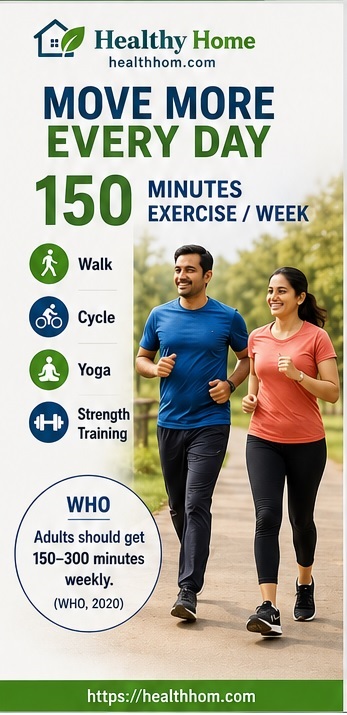 Physical activity infographic showing recommended weekly exercise and healthy movement for preventing metabolic syndrome.