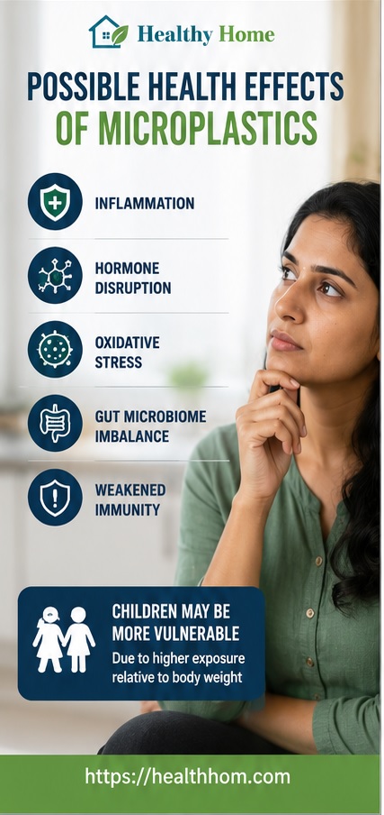 Possible effects of microplastics in food, including inflammation, hormone disruption, gut health and immunity.