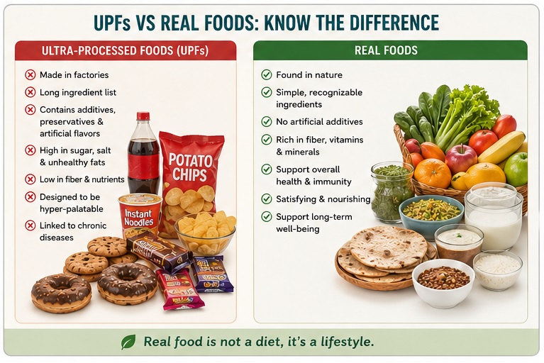The main difference between upfs and real foods