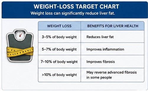 Weight-loss chart showing how different percentages of body weight reduction can improve liver fat, inflammation, and fibrosis.
