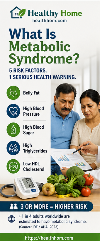 Five major risk factors of metabolic syndrome including abdominal obesity, high blood pressure, high blood sugar, high triglycerides and low HDL cholesterol.