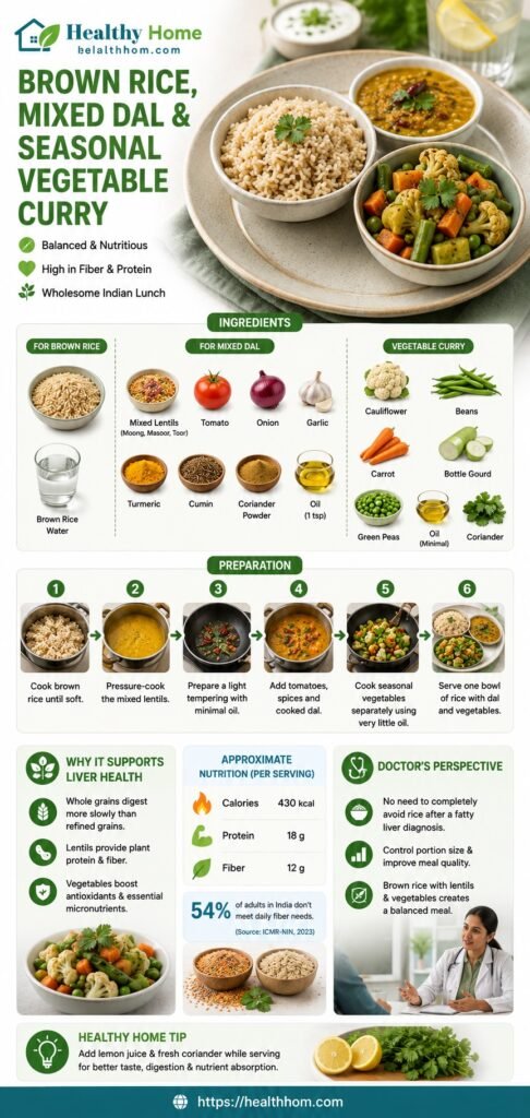 recipe with mixed dal, brown rice and seasonal vegetable curry