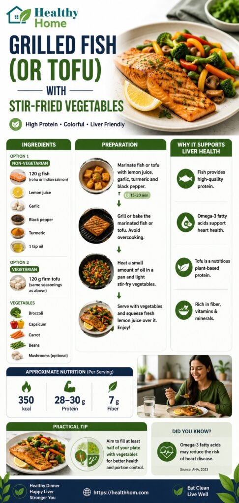 one of the tasty recipe of tofu or grilled fish with fried vegetables for liver health