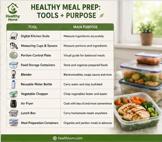 preparation of healthy meal with tools and purpose