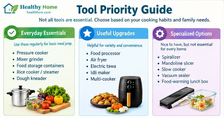 Kitchen tools on priority guide including its essentiality, usefulness and specialized options
