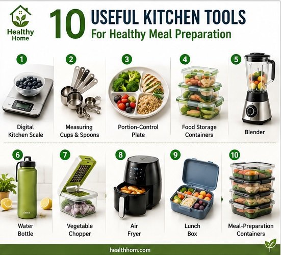 useful tools at kitchen for a healthy meal preparation